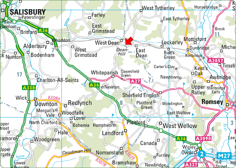 Location of Dean Hill Park, Office and industrial premises to let. Showing links to Salisbury and Southampton