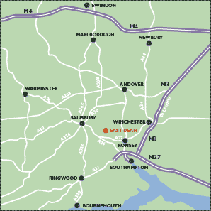 Location of Dean Hill Park, Industrial complex. Showing links to Salisbury and Southampton